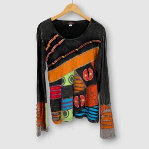 Vintage 90s Rising International Patchwork Cotton Appliqué Long Sleeve Top XL